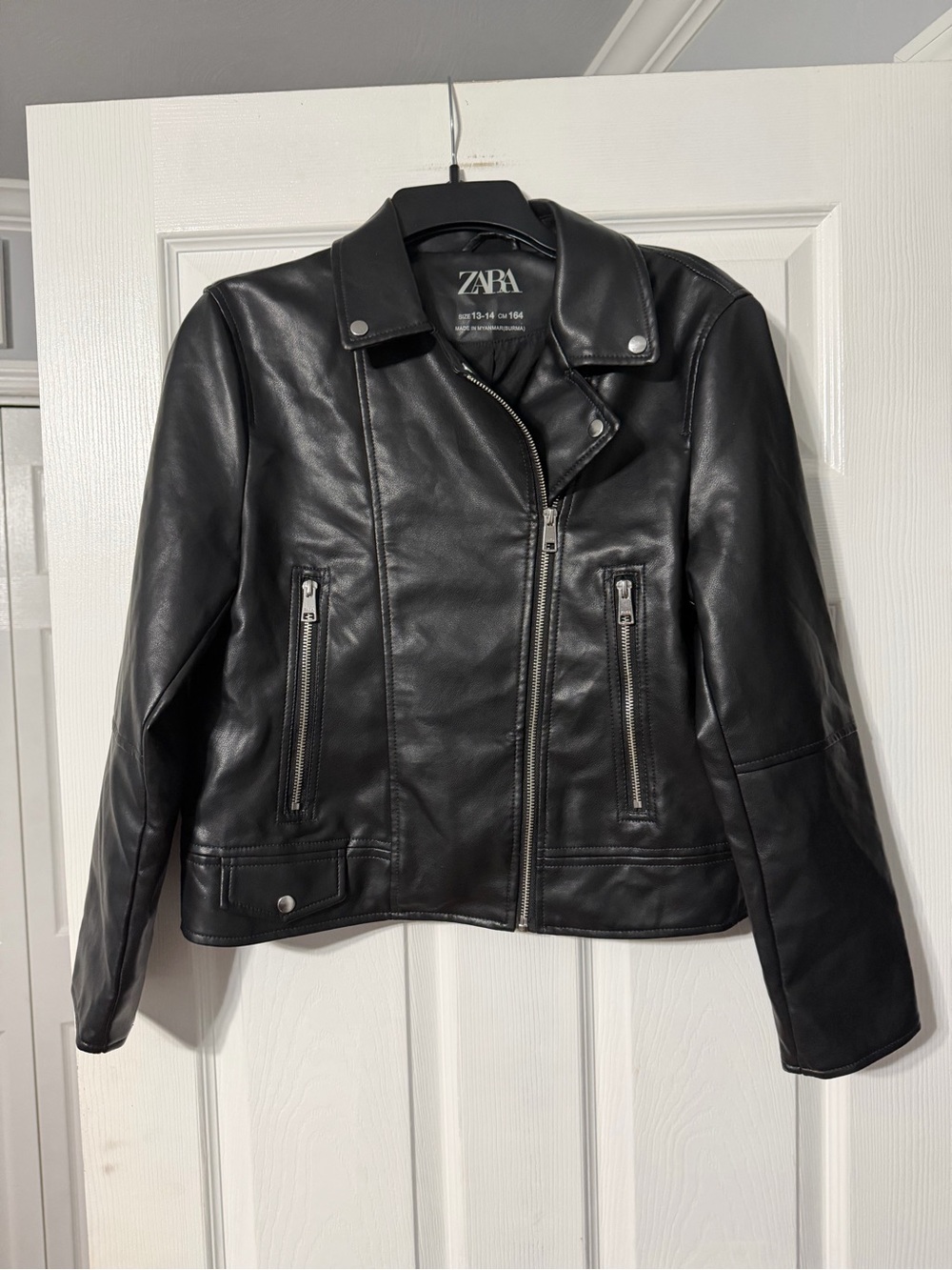 Zara Girls/Womens 13/14 Black Leather Biker Jacket with Zip Pockets